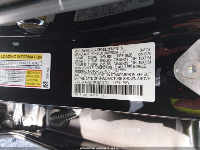 Aukcja sprzedaży 2026 Honda Cr-v Hybrid Awd Sport Touring, vin: 7FARS6H9XTE116761, numer aukcji: 45837094
