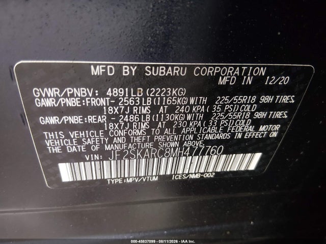 2021 Subaru Forester Sport მანქანა იყიდება აუქციონზე, vin: JF2SKARC8MH477760, აუქციონის ნომერი: 45837099
