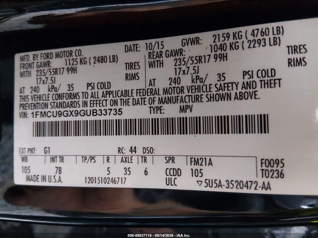 Продажа на аукционе авто 2016 Ford Escape Se, vin: 1FMCU9GX9GUB33735, номер лота: 45837115