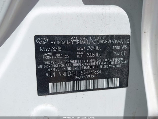 45837117 :رقم المزاد ، 5NPD84LF5JH341884 vin ، 2018 Hyundai Elantra Sel مزاد بيع