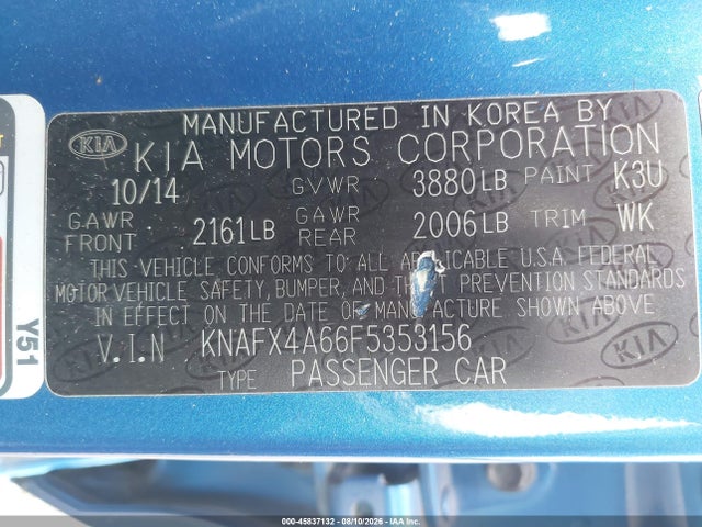 45837132 :رقم المزاد ، KNAFX4A66F5353156 vin ، 2015 Kia Forte Lx مزاد بيع