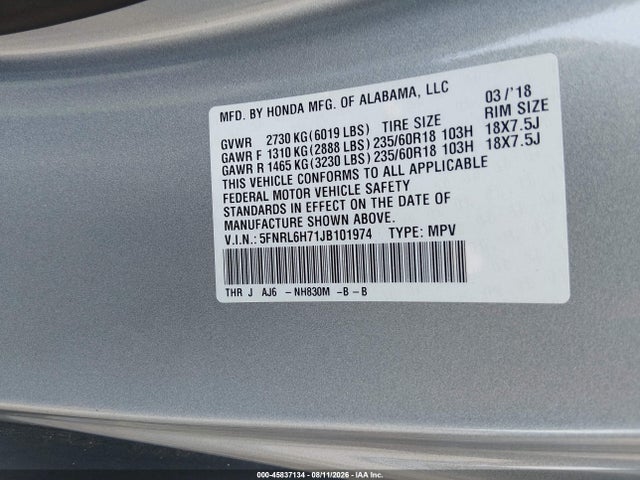 Продажа на аукционе авто 2018 Honda Odyssey Ex-l, vin: 5FNRL6H71JB101974, номер лота: 45837134