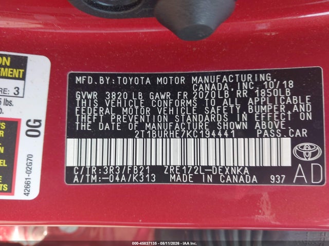 Продажа на аукционе авто 2019 Toyota Corolla Le, vin: 2T1BURHE7KC194441, номер лота: 45837135