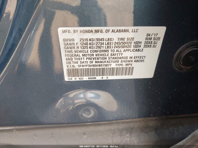 Aukcja sprzedaży 2017 Honda Pilot Touring, vin: 5FNYF5H90HB015077, numer aukcji: 45837139