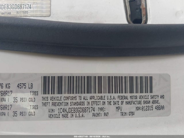45837149 :رقم المزاد ، 1C4NJDEB3GD687174 vin ، 2016 Jeep Compass Latitude مزاد بيع