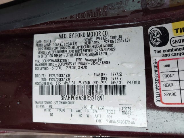 2011 Ford Fusion Se მანქანა იყიდება აუქციონზე, vin: 3FAHP0HA3BR321891, აუქციონის ნომერი: 45837157