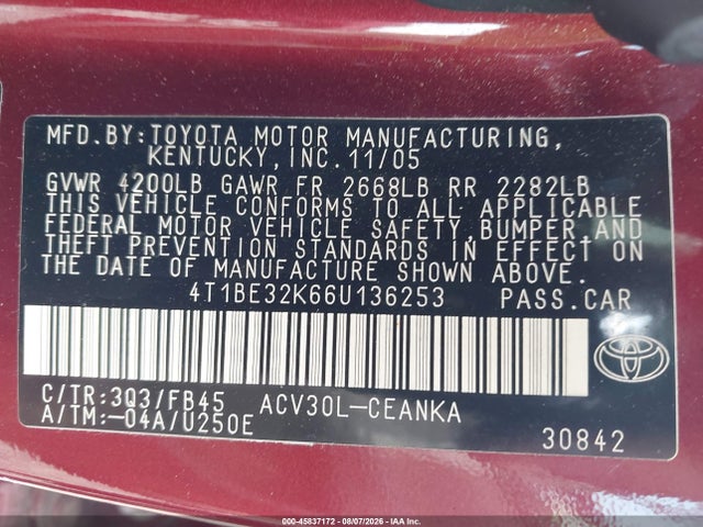 45837172 :رقم المزاد ، 4T1BE32K66U136253 vin ، 2006 Toyota Camry Le مزاد بيع
