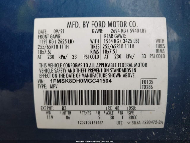 Продажа на аукционе авто 2021 Ford Explorer Xlt, vin: 1FMSK8DH0MGC41504, номер лота: 45837176