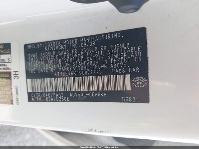 2009 Toyota Camry Xle მანქანა იყიდება აუქციონზე, vin: 4T1BE46K19U877723, აუქციონის ნომერი: 45837192