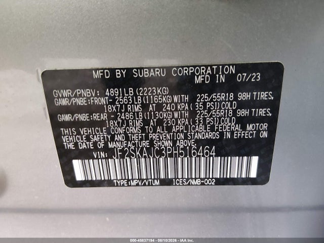 2023 Subaru Forester Sport მანქანა იყიდება აუქციონზე, vin: JF2SKAJC3PH516464, აუქციონის ნომერი: 45837194