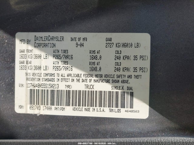 Aukcja sprzedaży 2005 Dodge Dakota Slt, vin: 1D7HW48N55S150213, numer aukcji: 45837198