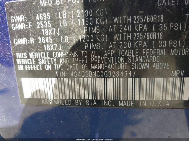 45837211 :رقم المزاد ، 4S4BSBNC0G3284347 vin ، 2016 Subaru Outback 2.5i Limited مزاد بيع
