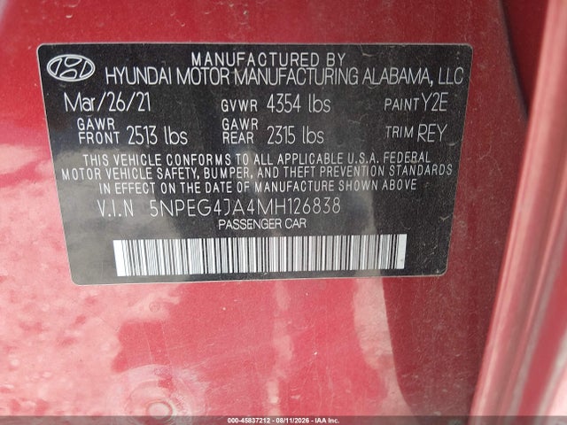 Продажа на аукционе авто 2021 Hyundai Sonata Se, vin: 5NPEG4JA4MH126838, номер лота: 45837212
