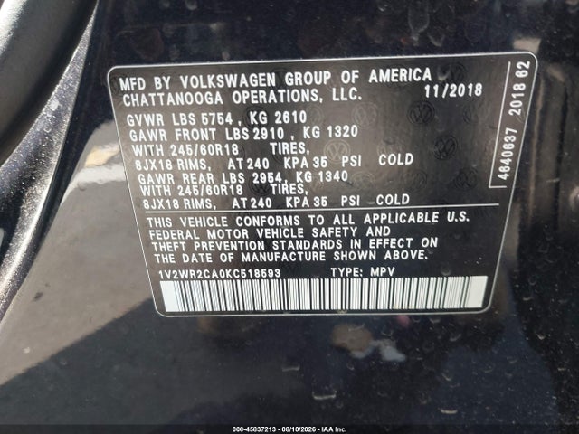 45837213 :رقم المزاد ، 1V2WR2CA0KC518593 vin ، 2019 Volkswagen Atlas 3.6l V6 Se W/technology مزاد بيع