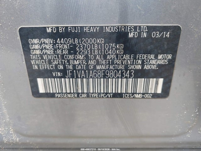 Aukcja sprzedaży 2015 Subaru Wrx, vin: JF1VA1A68F9804343, numer aukcji: 45837215