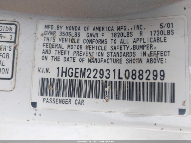 45837218 :رقم المزاد ، 1HGEM22931L088299 vin ، 2001 Honda Civic Ex مزاد بيع