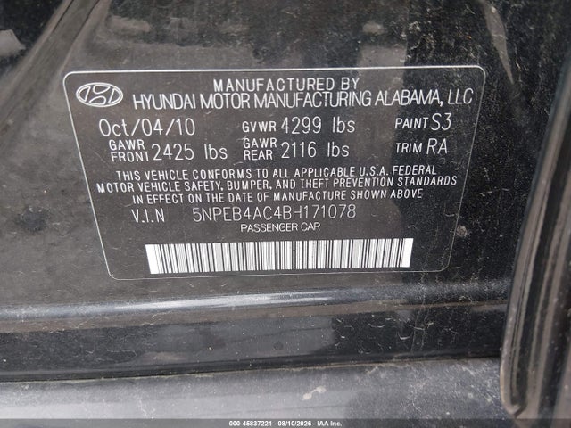 2011 Hyundai Sonata Gls მანქანა იყიდება აუქციონზე, vin: 5NPEB4AC4BH171078, აუქციონის ნომერი: 45837221