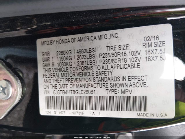 Продаж на аукціоні авто 2016 Acura Rdx Advance Package, vin: 5J8TB4H78GL026081, номер лоту: 45837247