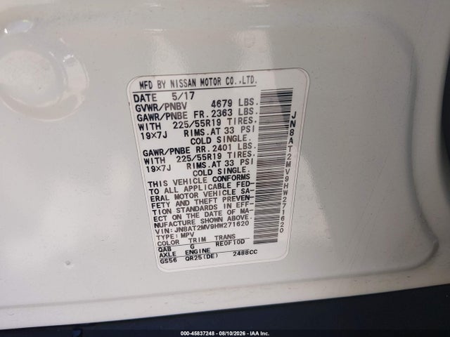 2017 Nissan Rogue Sl მანქანა იყიდება აუქციონზე, vin: JN8AT2MV9HW271620, აუქციონის ნომერი: 45837248