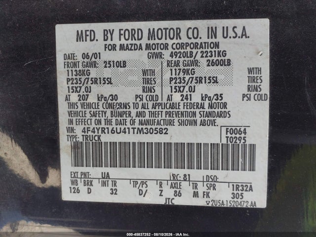 Продаж на аукціоні авто 2001 Mazda B3000 Ds/se, vin: 4F4YR16U41TM30582, номер лоту: 45837252