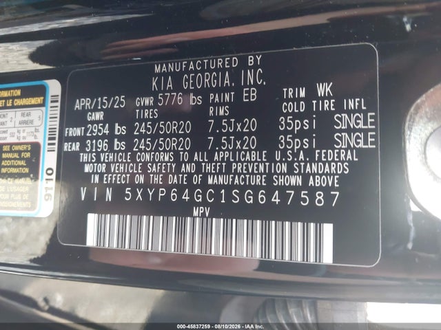 45837259 :رقم المزاد ، 5XYP64GC1SG647587 vin ، 2025 Kia Telluride S مزاد بيع