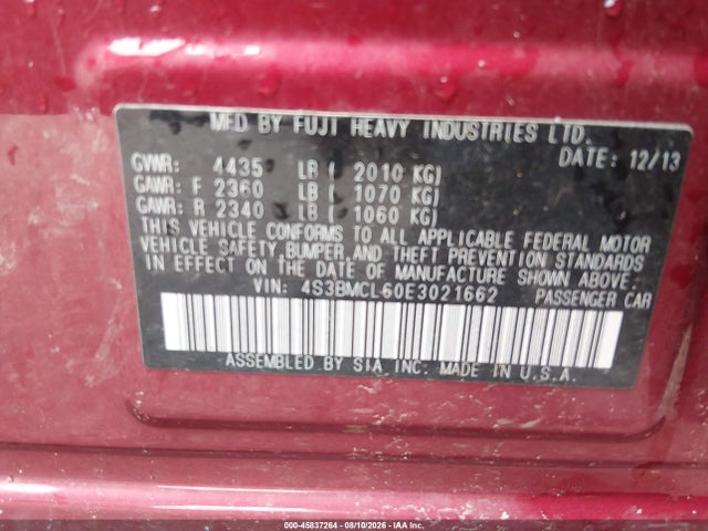 45837264 :رقم المزاد ، 4S3BMCL60E3021662 vin ، 2014 Subaru Legacy 2.5i Limited مزاد بيع
