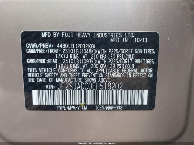 45837271 :رقم المزاد ، JF2SJADC0EH518202 vin ، 2014 Subaru Forester 2.5i Premium مزاد بيع
