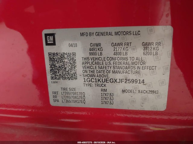 45837275 :رقم المزاد ، 1GC1KUEGXJF259914 vin ، 2018 Chevrolet Silverado 2500hd Wt مزاد بيع