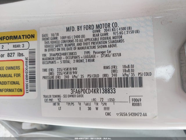 Aukcja sprzedaży 2019 Ford Fusion Sel, vin: 3FA6P0CD4KR138833, numer aukcji: 45837281
