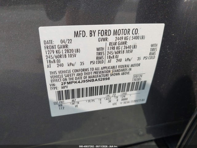 Aukcja sprzedaży 2022 Ford Edge Sel, vin: 2FMPK4J95NBA52898, numer aukcji: 45837282