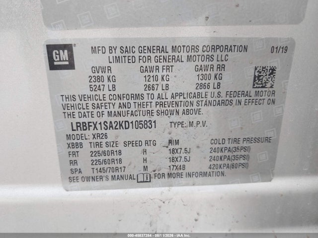 45837284 :رقم المزاد ، LRBFX1SA2KD105831 vin ، 2019 Buick Envision Awd Preferred مزاد بيع