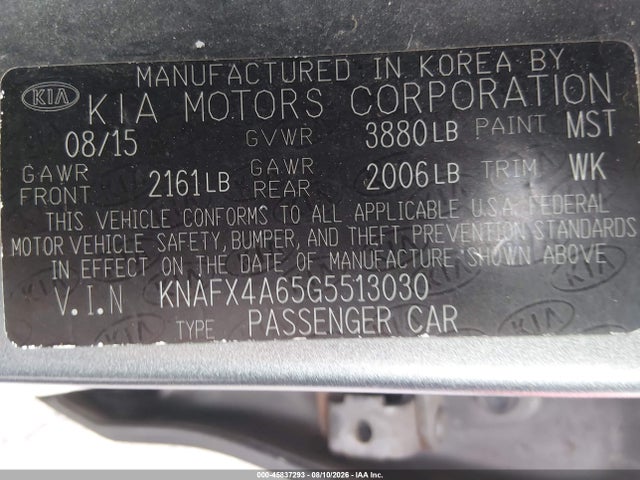 45837293 :رقم المزاد ، KNAFX4A65G5513030 vin ، 2016 Kia Forte Lx مزاد بيع