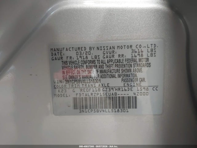 45837308 :رقم المزاد ، 3N1CP5BV4LL518301 vin ، 2020 Nissan Kicks S Xtronic Cvt مزاد بيع