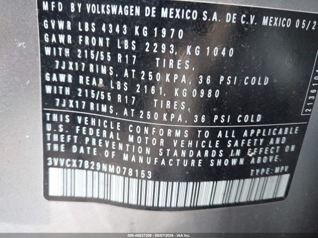 2022 Volkswagen Taos 1.5t S მანქანა იყიდება აუქციონზე, vin: 3VVCX7B29NM078153, აუქციონის ნომერი: 45837309