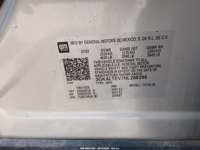 Auction sale of the 2022 Gmc Terrain Awd Sle, vin: 3GKALTEV7NL268396, lot number: 45837328