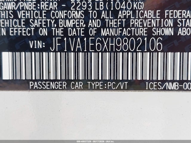 Aukcja sprzedaży 2017 Subaru Wrx Premium, vin: JF1VA1E6XH9802106, numer aukcji: 45837329