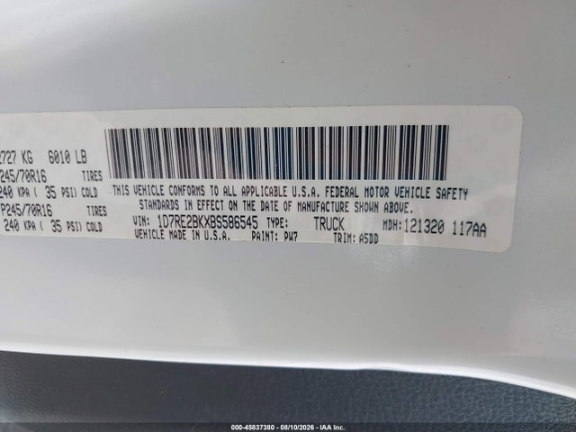 45837380 :رقم المزاد ، 1D7RE2BKXBS586545 vin ، 2011 Ram Dakota St مزاد بيع