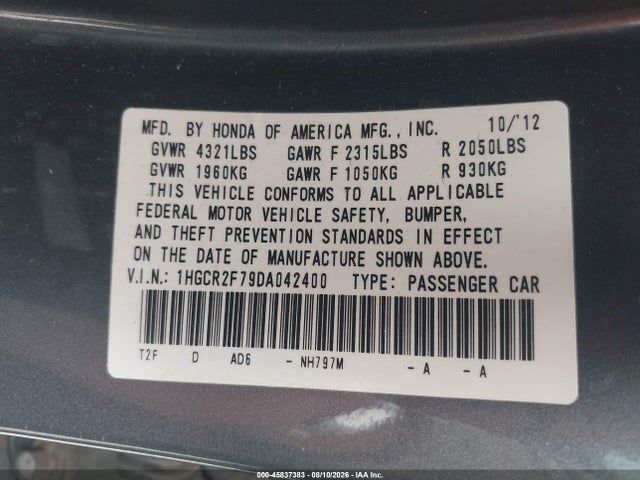 Продажа на аукционе авто 2013 Honda Accord Ex, vin: 1HGCR2F79DA042400, номер лота: 45837383