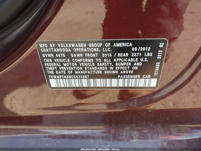 Aukcja sprzedaży 2012 Volkswagen Passat 2.5l S, vin: 1VWAP7A39CC070257, numer aukcji: 45837385