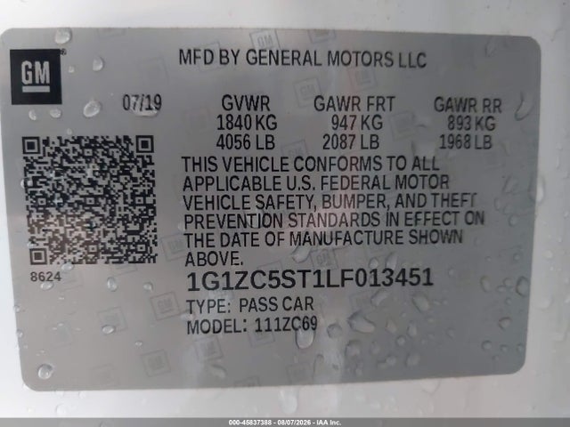 Aukcja sprzedaży 2020 Chevrolet Malibu Fwd 1fl, vin: 1G1ZC5ST1LF013451, numer aukcji: 45837388