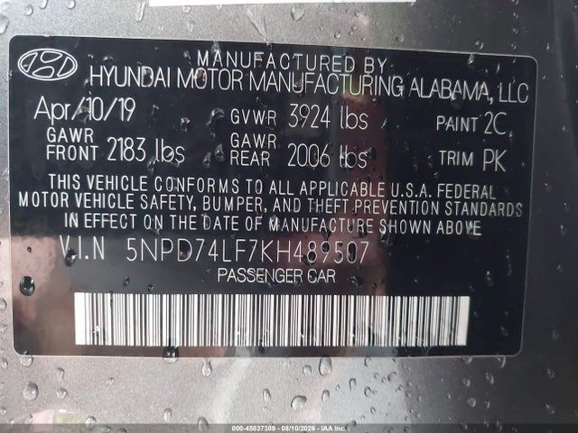 Продажа на аукционе авто 2019 Hyundai Elantra Se, vin: 5NPD74LF7KH489507, номер лота: 45837389