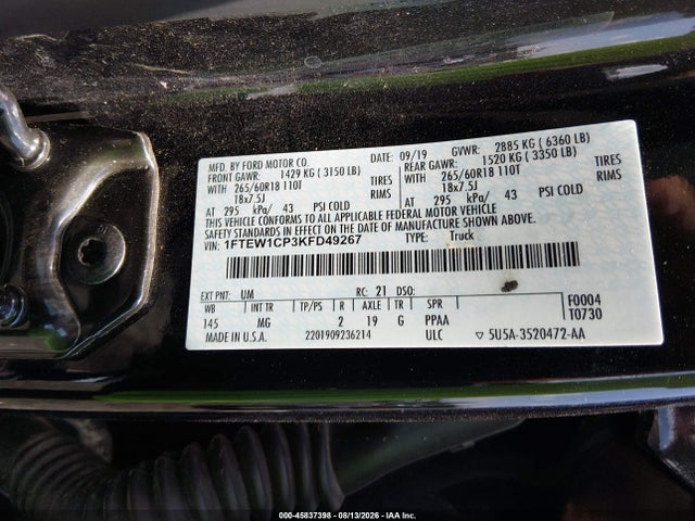 45837398 :رقم المزاد ، 1FTEW1CP3KFD49267 vin ، 2019 Ford F-150 Xlt مزاد بيع
