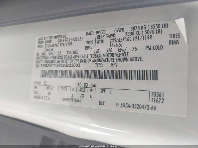 Продажа на аукционе авто 2020 Ford Transit-150 Passenger Van Xl, vin: 1FMZK1Y88LKB23003, номер лота: 45837399
