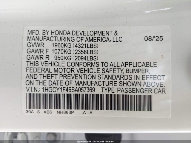 Продажа на аукционе авто 2025 Honda Accord Se, vin: 1HGCY1F46SA057369, номер лота: 45837405