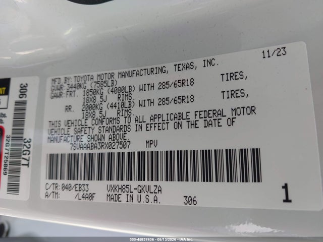 45837406 :رقم المزاد ، 7SVAAABA3RX027507 vin ، 2024 Toyota Sequoia Trd Pro مزاد بيع