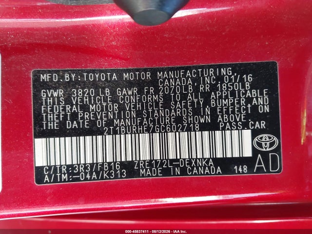 45837411 :رقم المزاد ، 2T1BURHE7GC602718 vin ، 2016 Toyota Corolla Le Plus مزاد بيع