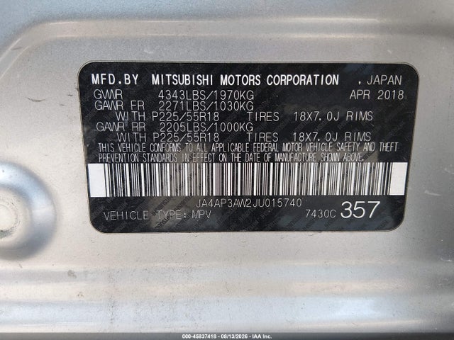 45837418 :رقم المزاد ، JA4AP3AW2JU015740 vin ، 2018 Mitsubishi Outlander Sport 2.4 Se مزاد بيع