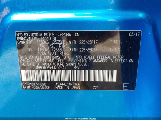 Aukcja sprzedaży 2017 Toyota Rav4 Le, vin: JTMBFREV5HJ704541, numer aukcji: 45837425