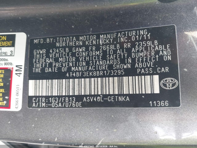 45837443 :رقم المزاد ، 4T4BF3EK8BR173295 vin ، 2011 Toyota Camry Le مزاد بيع