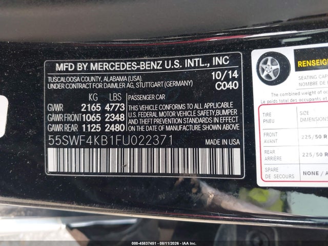 Auction sale of the 2015 Mercedes-benz C 300 4matic, vin: 55SWF4KB1FU022371, lot number: 45837451